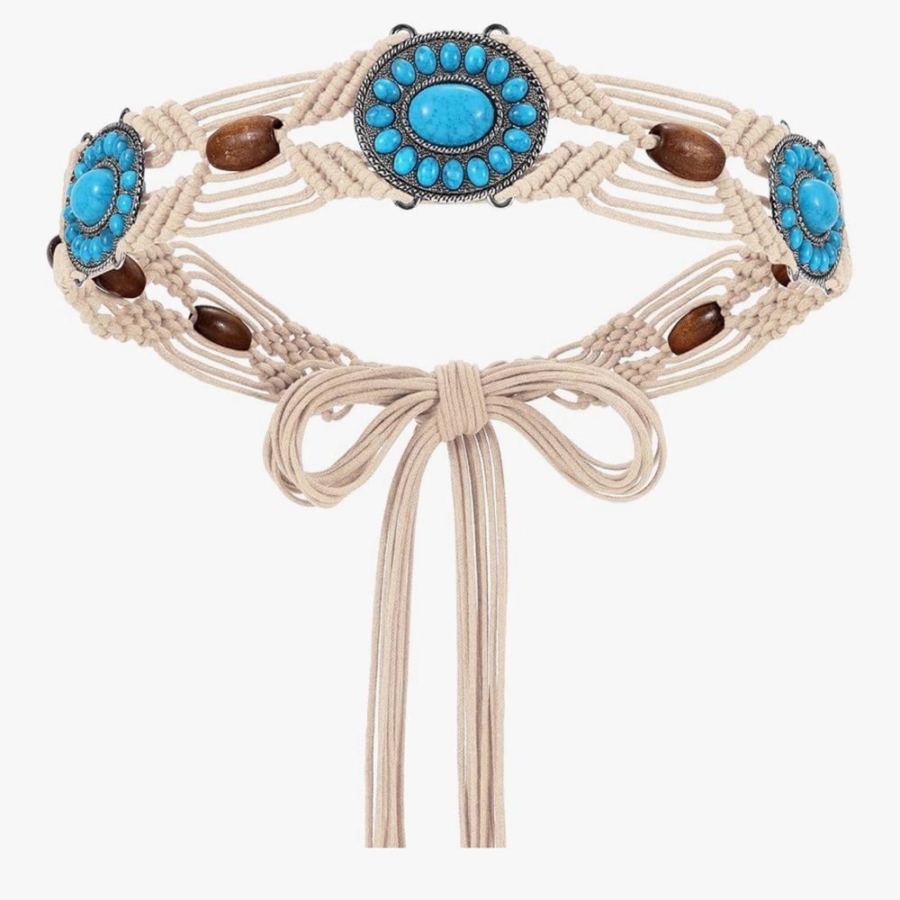 🆕 Boho Braided Belt for Women Hand-Woven Wax Rope & Turquoise Belt Western